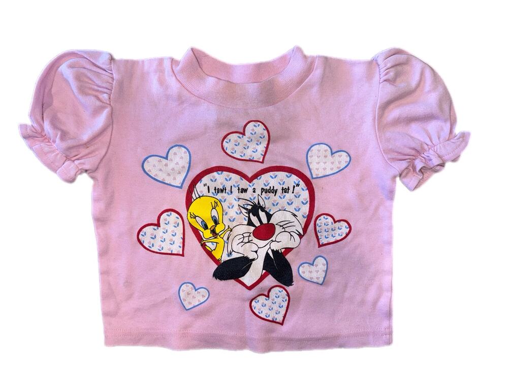 Vintage 1992 Looney Tunes Girls Tweety & Sylvester Puff Sleeve Crop Top Size 2